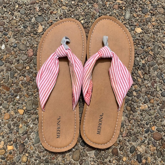 Merona Shoes - Red and white striped flip flops